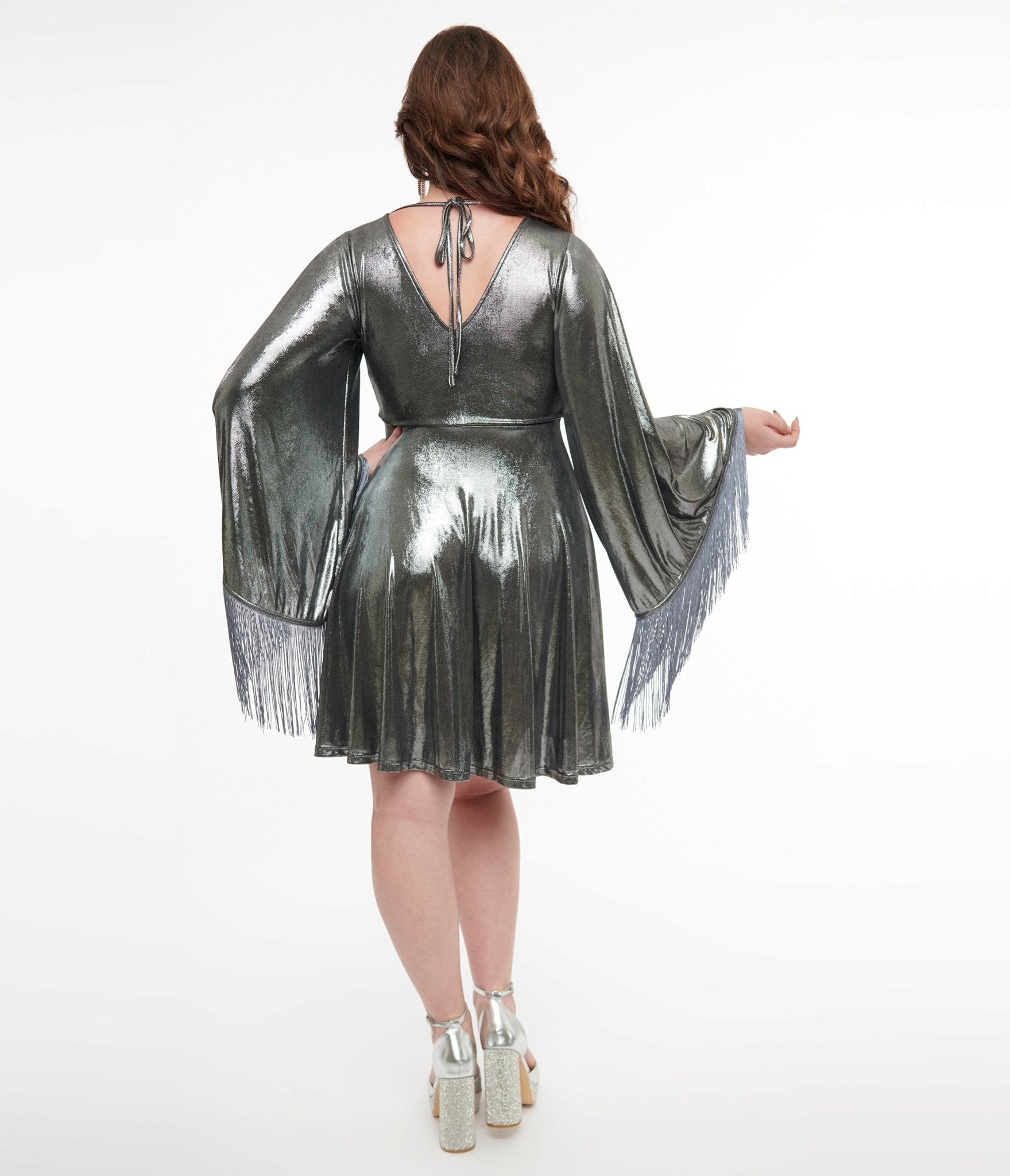 Preorder - Smak Parlour 1970s Silver Metallic Fringe Fit & Flare Dress - Unique Vintage - Womens, DRESSES, FIT AND FLARE