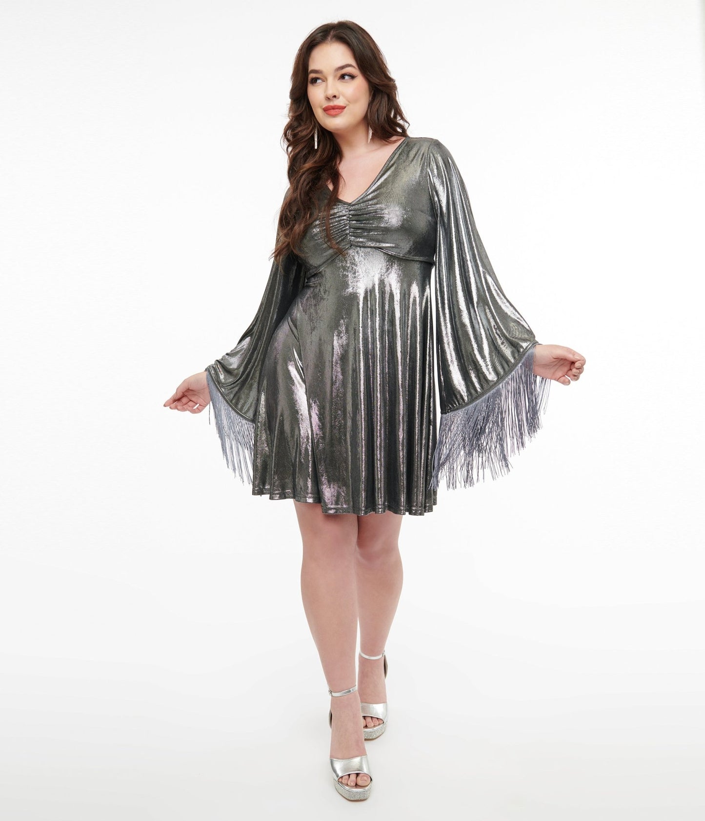 Preorder - Smak Parlour 1970s Silver Metallic Fringe Fit & Flare Dress - Unique Vintage - Womens, DRESSES, FIT AND FLARE
