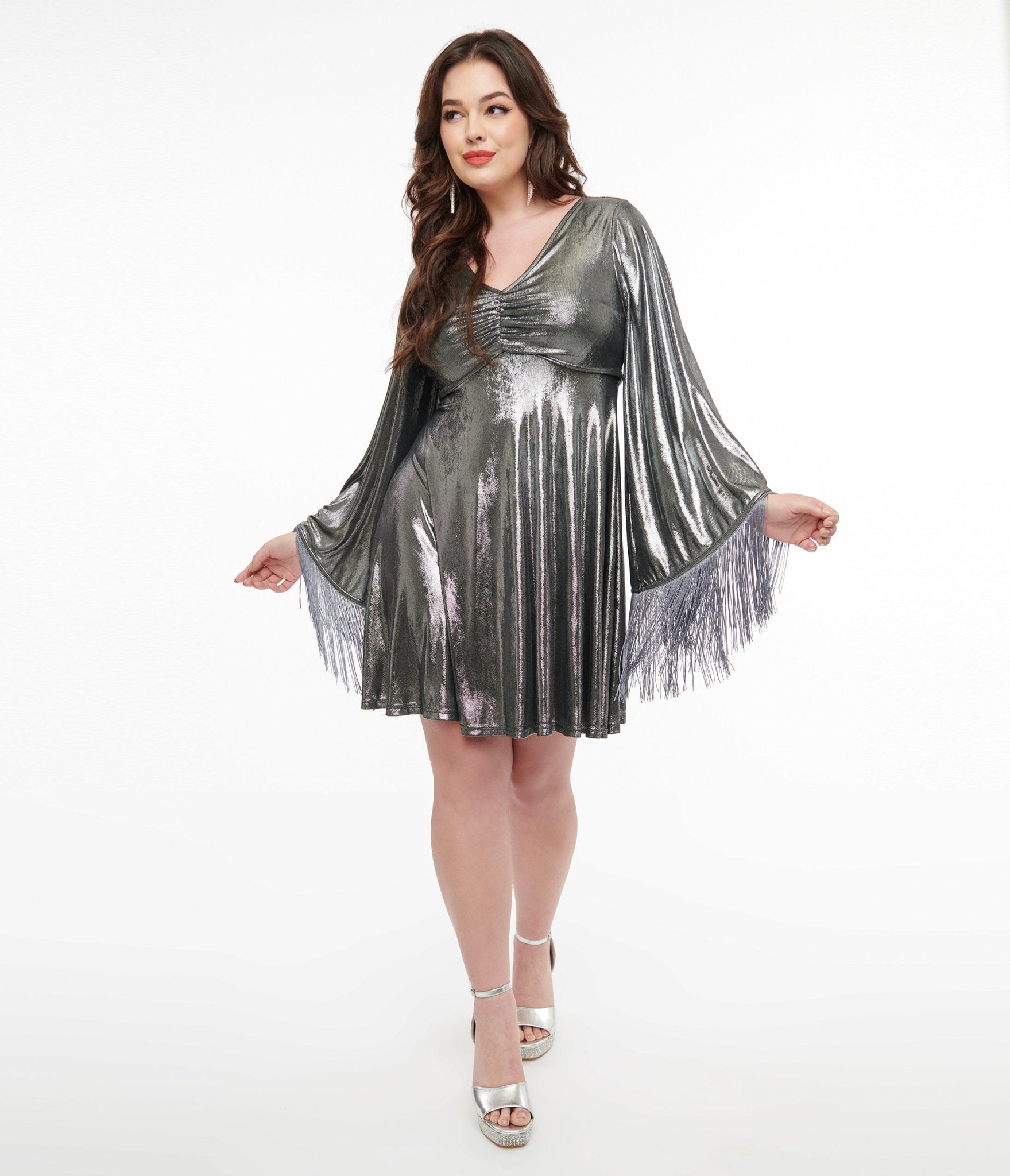 Preorder - Smak Parlour 1970s Silver Metallic Fringe Fit & Flare Dress - Unique Vintage - Womens, DRESSES, FIT AND FLARE