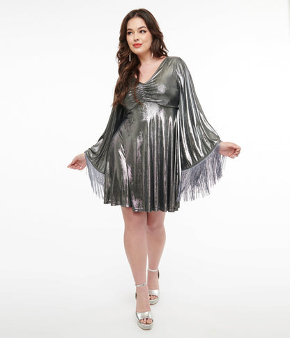 Preorder - Smak Parlour 1970s Silver Metallic Fringe Fit & Flare Dress - Unique Vintage - Womens, DRESSES, FIT AND FLARE
