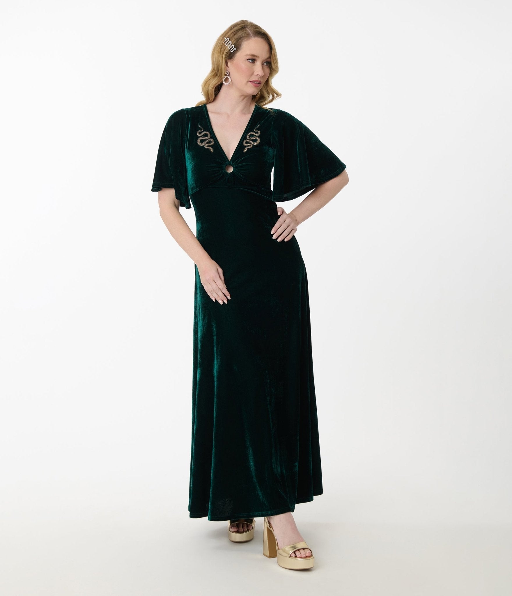 Preorder - Smak Parlour Emerald Velvet & Gold Snake Embroidered Cutout Maxi Dress - Unique Vintage - Womens, DRESSES, MAXI