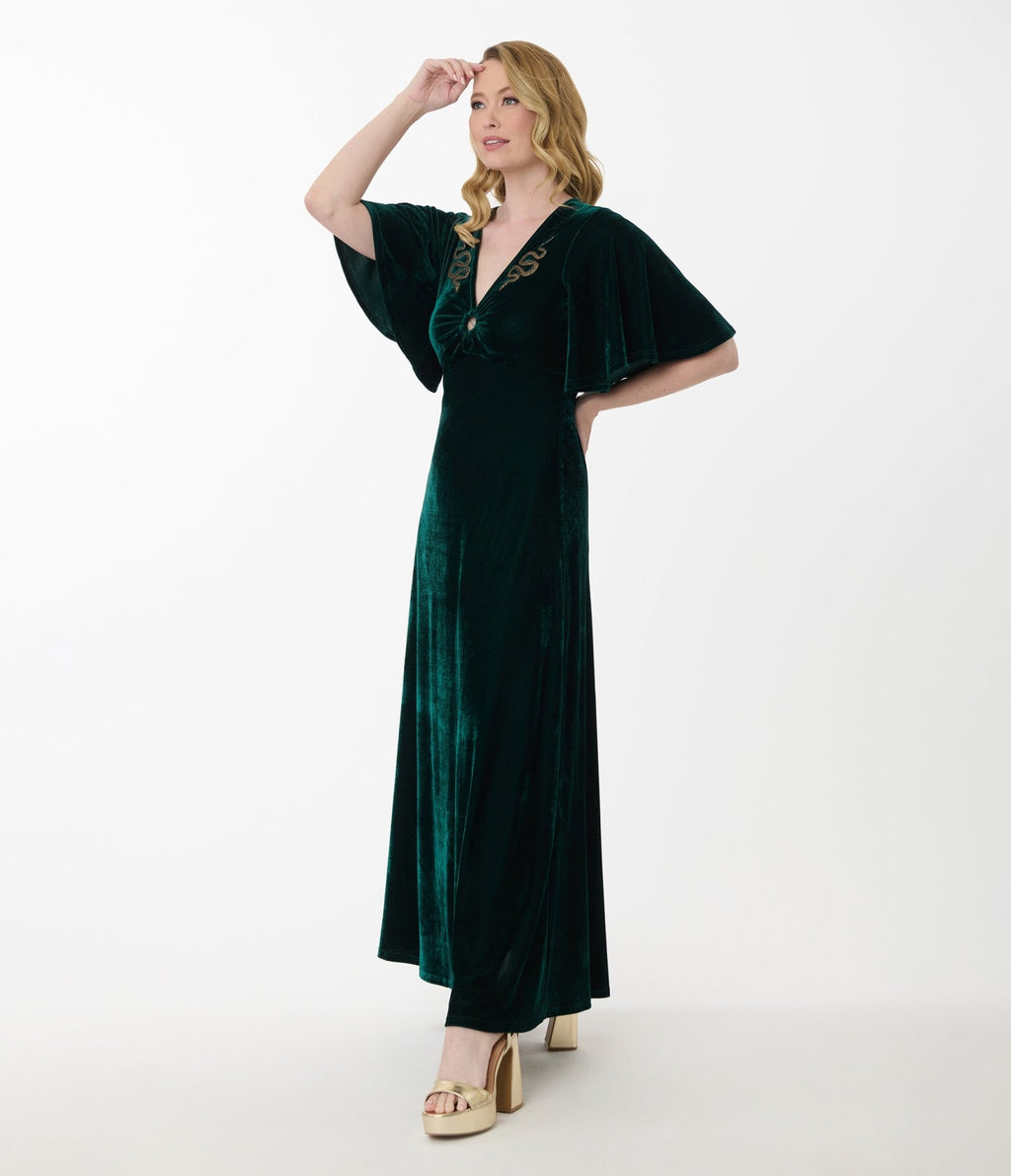 Preorder - Smak Parlour Emerald Velvet & Gold Snake Embroidered Cutout Maxi Dress - Unique Vintage - Womens, DRESSES, MAXI