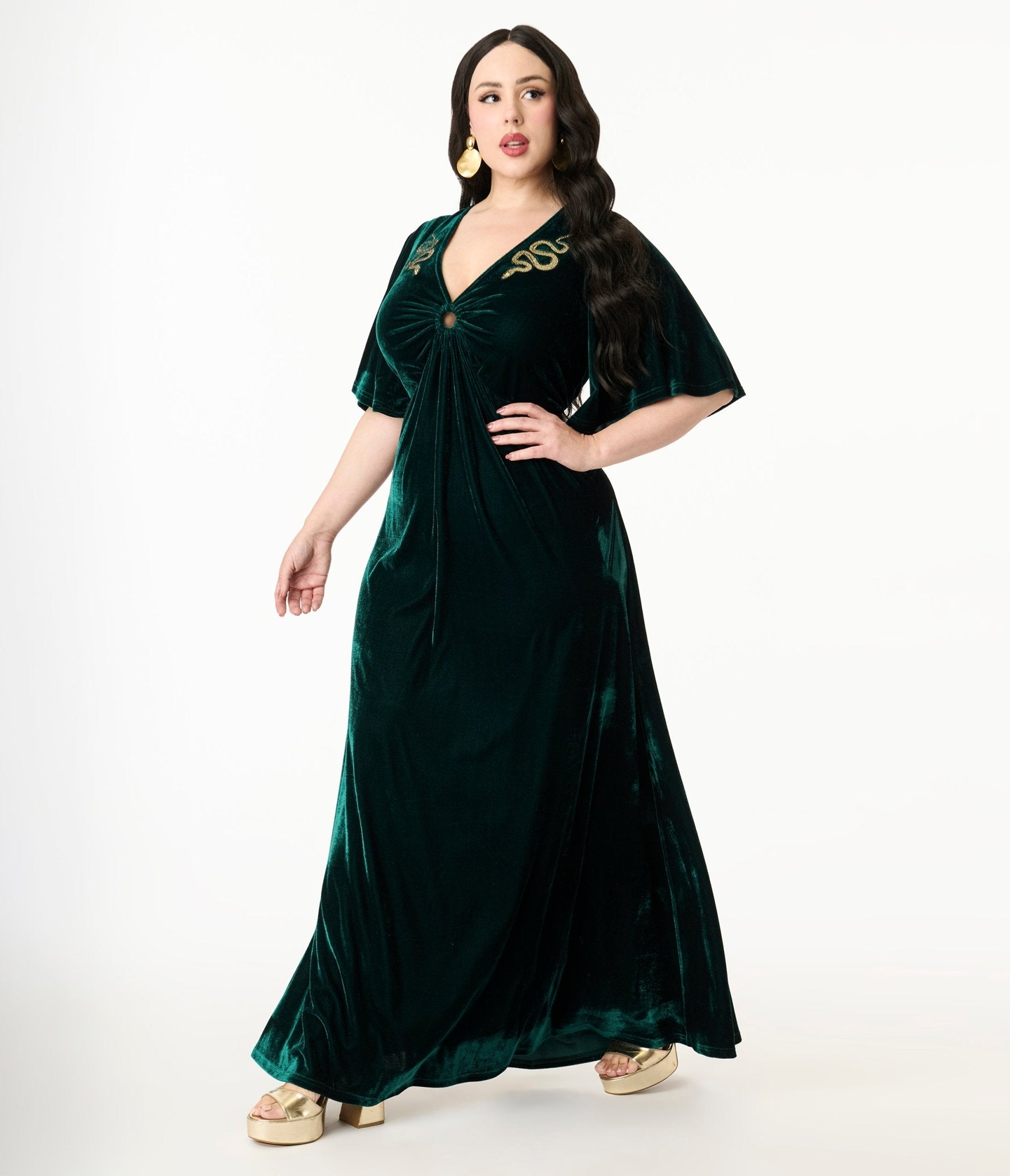 Smak Parlour Plus Size Emerald Velvet & Gold Snake Embroidered Cutout Maxi Dress - Unique Vintage - Womens, DRESSES, MAXI