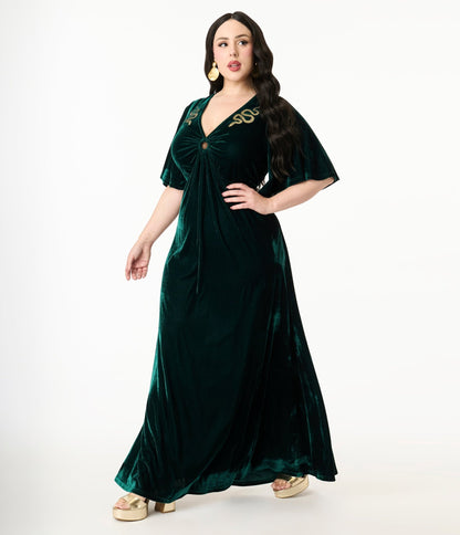Smak Parlour Plus Size Emerald Velvet & Gold Snake Embroidered Cutout Maxi Dress - Unique Vintage - Womens, DRESSES, MAXI