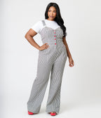 Smak Parlour Plus Size Navy Railroad Stripes Wide Leg Dungarees - Unique Vintage - Womens, BOTTOMS, ROMPERS AND JUMPSUITS