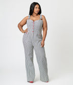 Smak Parlour Plus Size Navy Railroad Stripes Wide Leg Dungarees - Unique Vintage - Womens, BOTTOMS, ROMPERS AND JUMPSUITS