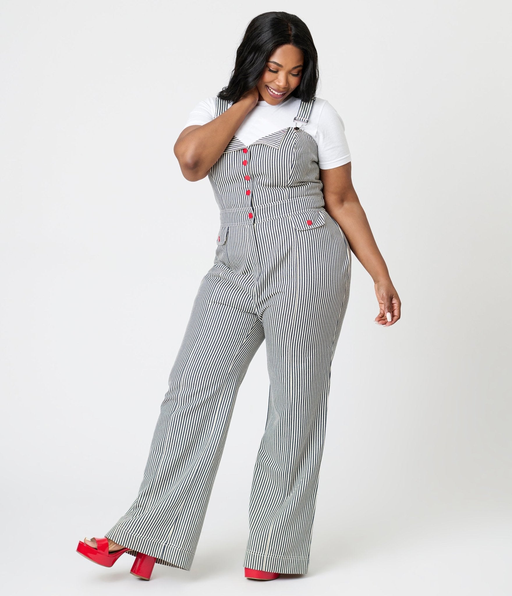 Smak Parlour Plus Size Navy Railroad Stripes Wide Leg Dungarees - Unique Vintage - Womens, BOTTOMS, ROMPERS AND JUMPSUITS