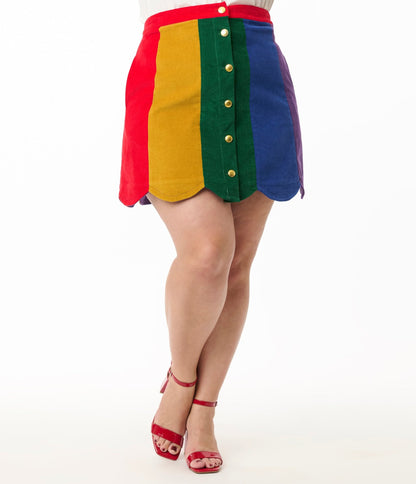 Preorder - Smak Parlour Plus Size Rainbow Stripe Corduroy Mini Skirt - Unique Vintage - Womens, BOTTOMS, SKIRTS