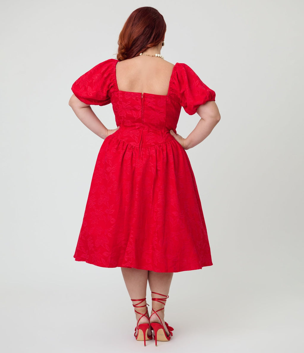 Preorder - Smak Parlour Plus Size Red Brocade Sweetheart Swing Dress W/Puff Sleeve - Unique Vintage - Womens, DRESSES, SWING