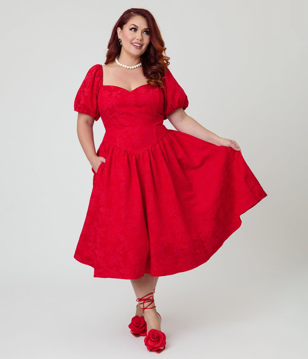 Preorder - Smak Parlour Plus Size Red Brocade Sweetheart Swing Dress W/Puff Sleeve - Unique Vintage - Womens, DRESSES, SWING