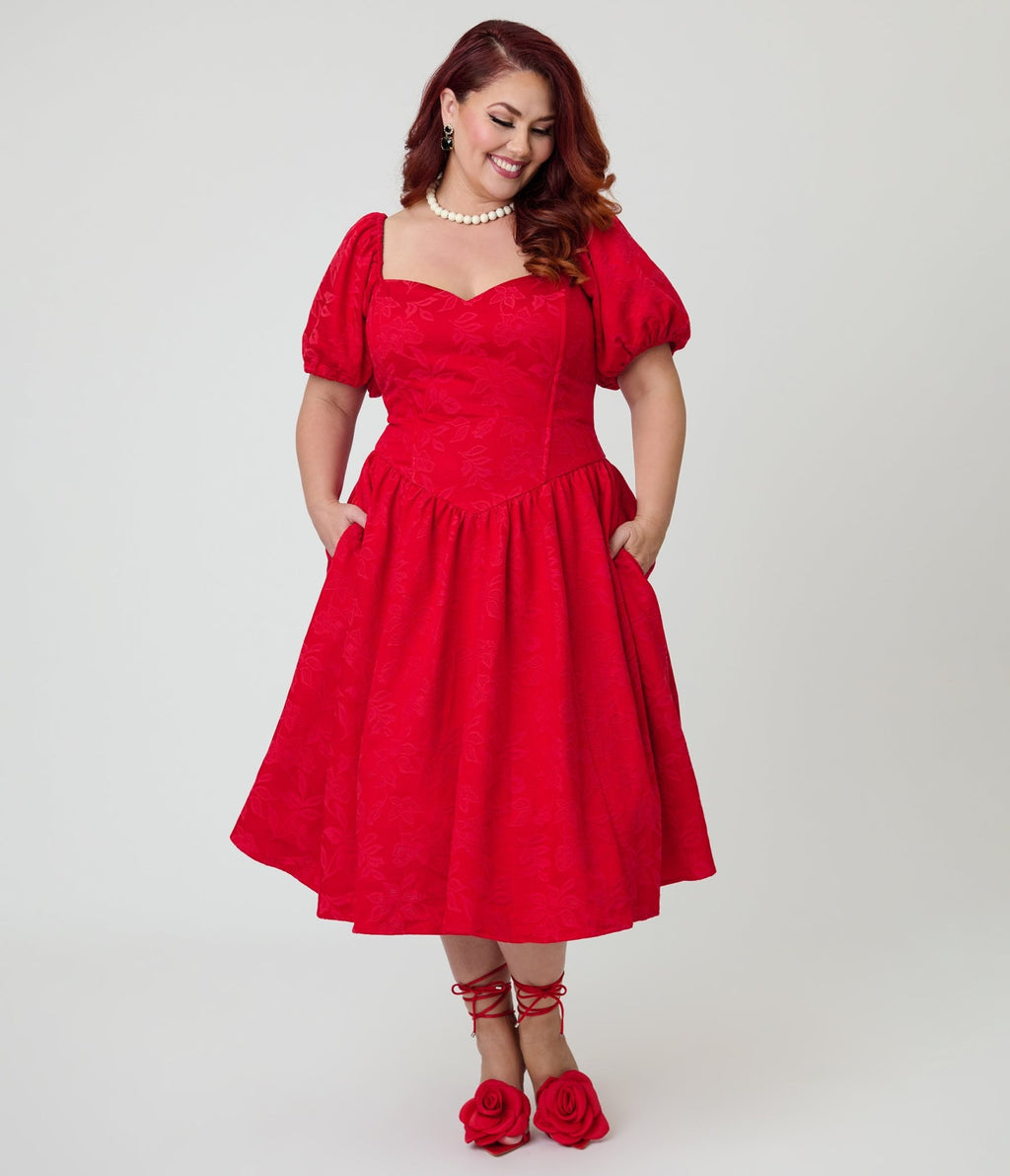 Preorder - Smak Parlour Plus Size Red Brocade Sweetheart Swing Dress W/Puff Sleeve - Unique Vintage - Womens, DRESSES, SWING