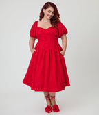 Preorder - Smak Parlour Plus Size Red Brocade Sweetheart Swing Dress W/Puff Sleeve - Unique Vintage - Womens, DRESSES, SWING