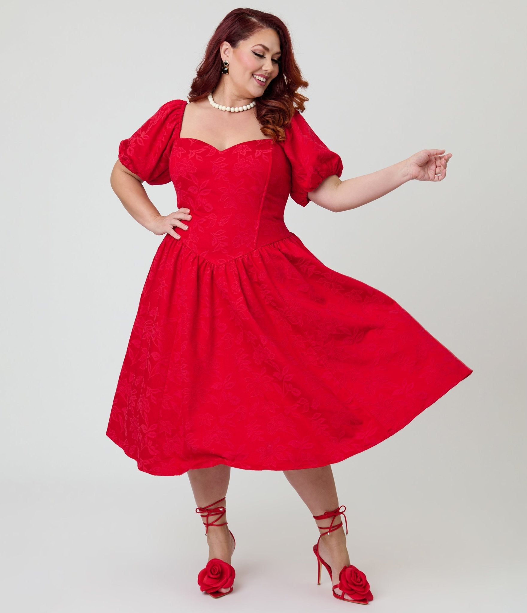 Preorder - Smak Parlour Plus Size Red Brocade Sweetheart Swing Dress W/Puff Sleeve - Unique Vintage - Womens, DRESSES, SWING