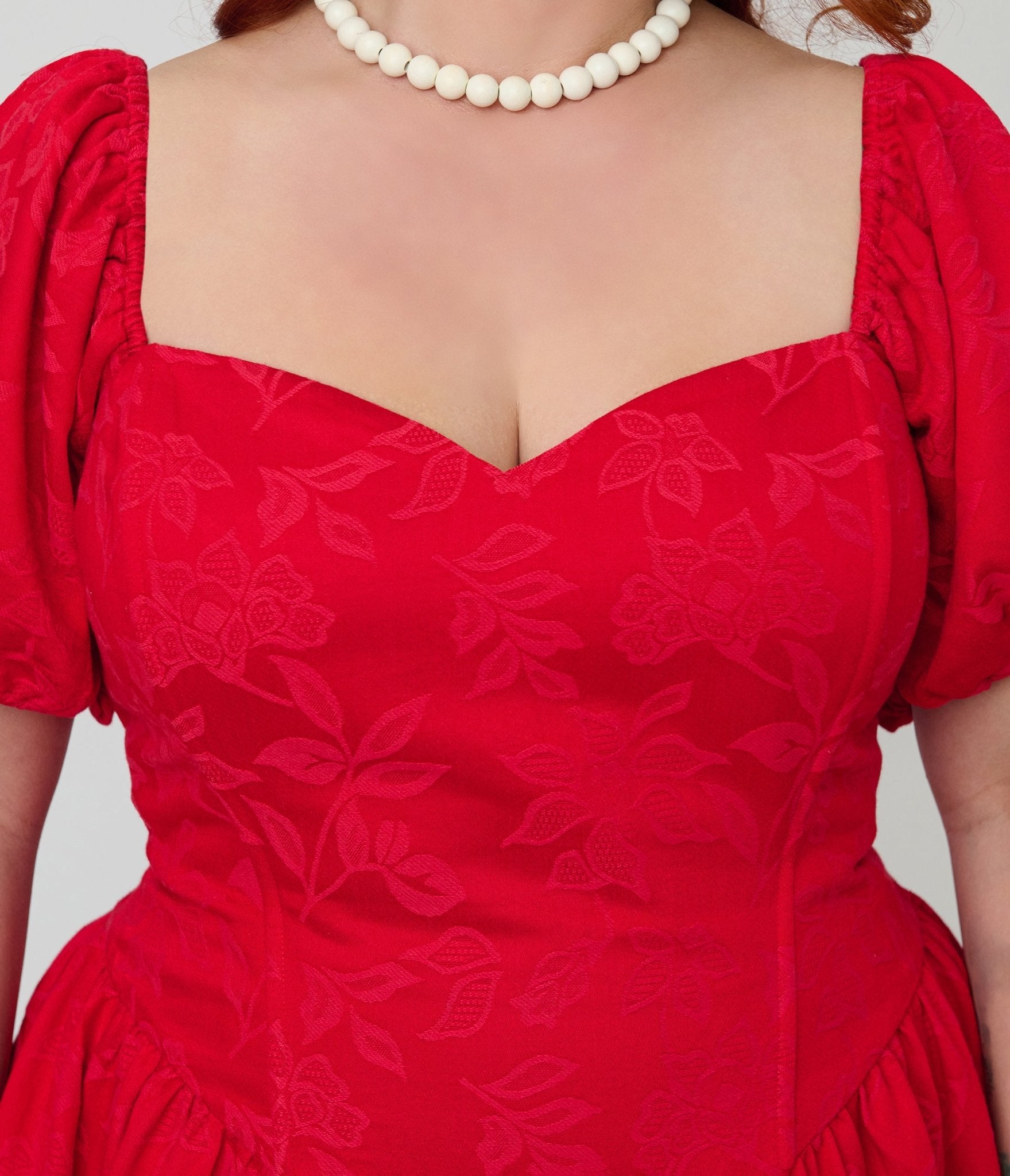 Preorder - Smak Parlour Plus Size Red Brocade Sweetheart Swing Dress W/Puff Sleeve - Unique Vintage - Womens, DRESSES, SWING