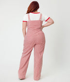 Preorder - Smak Parlour Plus Size Red & White Striped Wide Leg Dungarees - Unique Vintage - Womens, BOTTOMS, ROMPERS AND JUMPSUITS