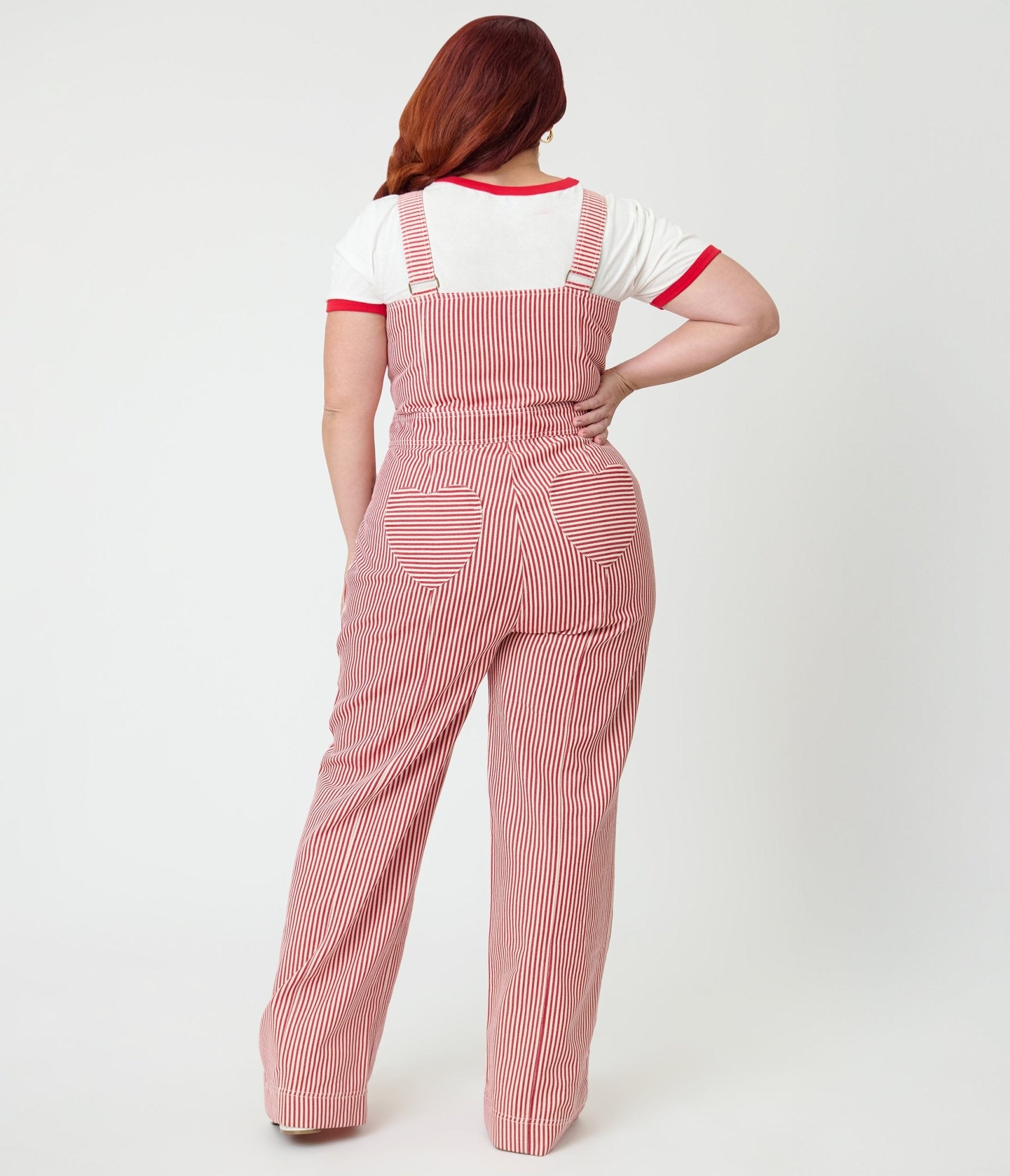 Preorder - Smak Parlour Plus Size Red & White Striped Wide Leg Dungarees - Unique Vintage - Womens, BOTTOMS, ROMPERS AND JUMPSUITS