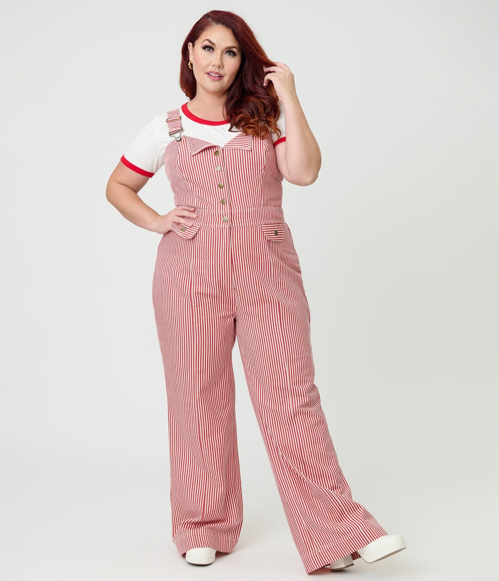 Preorder - Smak Parlour Plus Size Red & White Striped Wide Leg Dungarees - Unique Vintage - Womens, BOTTOMS, ROMPERS AND JUMPSUITS
