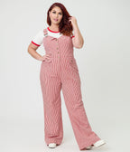 Preorder - Smak Parlour Plus Size Red & White Striped Wide Leg Dungarees - Unique Vintage - Womens, BOTTOMS, ROMPERS AND JUMPSUITS
