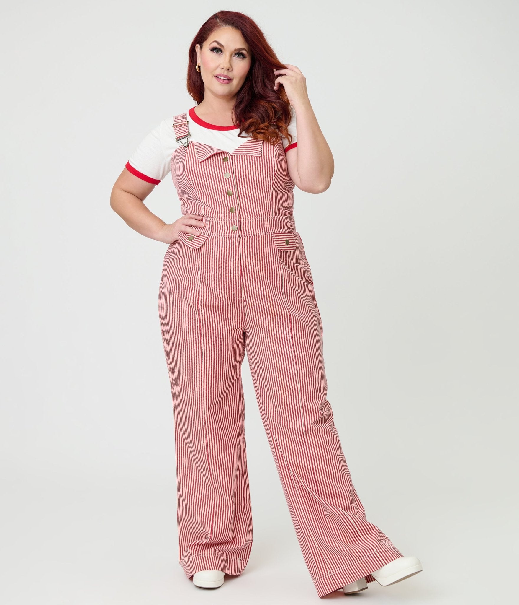 Preorder - Smak Parlour Plus Size Red & White Striped Wide Leg Dungarees - Unique Vintage - Womens, BOTTOMS, ROMPERS AND JUMPSUITS