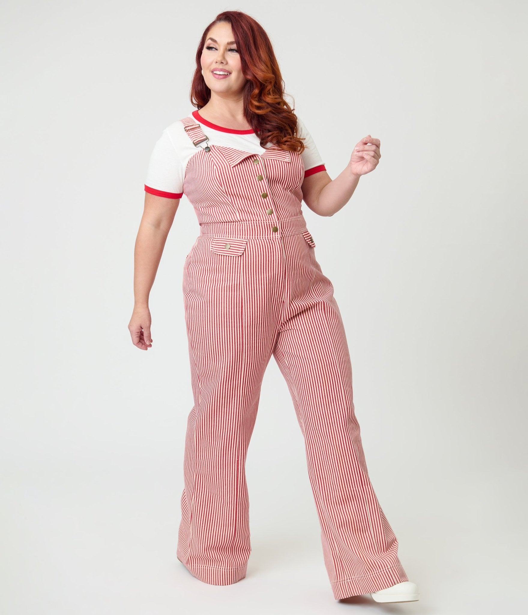 Preorder - Smak Parlour Plus Size Red & White Striped Wide Leg Dungarees - Unique Vintage - Womens, BOTTOMS, ROMPERS AND JUMPSUITS