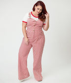 Preorder - Smak Parlour Plus Size Red & White Striped Wide Leg Dungarees - Unique Vintage - Womens, BOTTOMS, ROMPERS AND JUMPSUITS