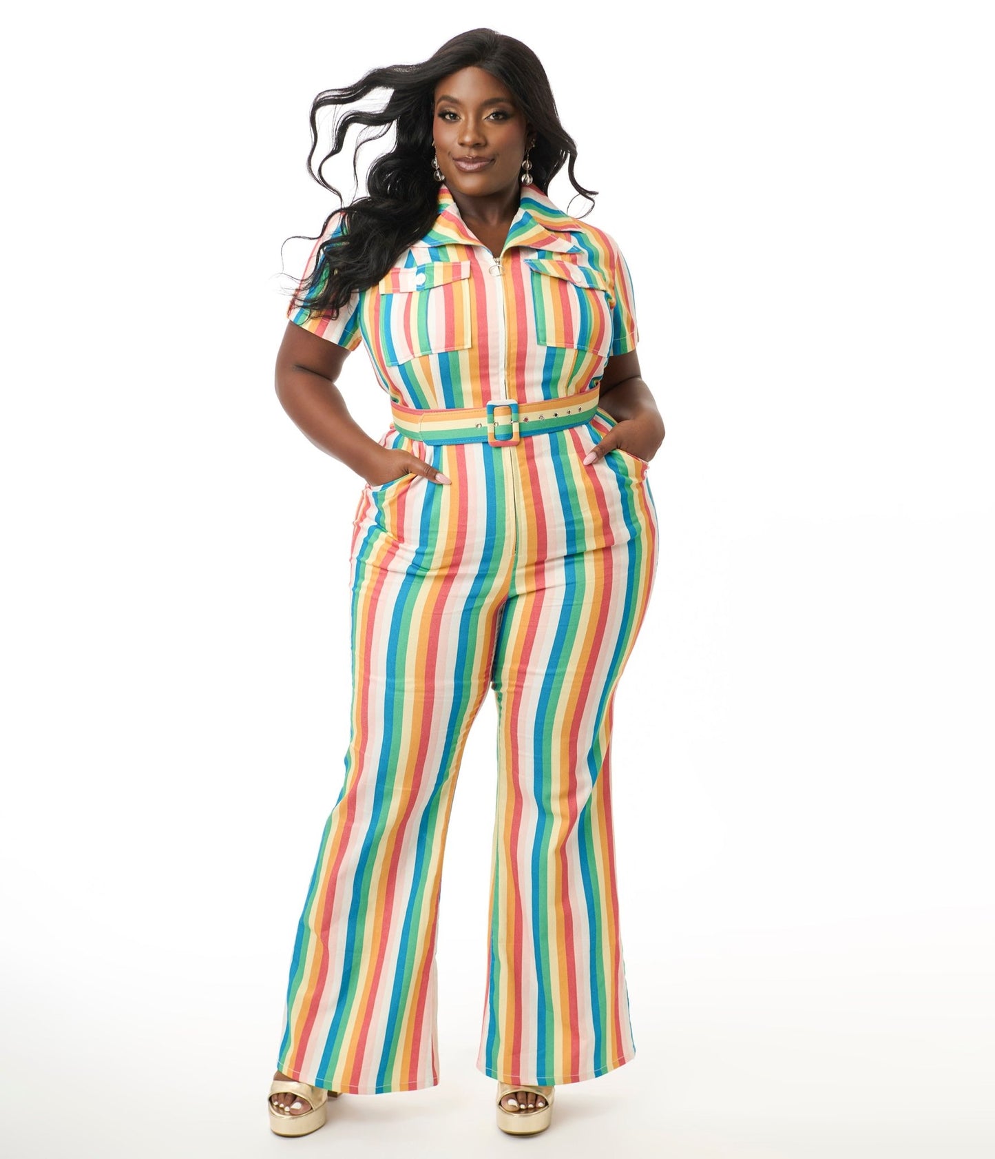 Smak Parlour Plus Size Retro Rainbow Stripe Flare Jumpsuit - Unique Vintage - Womens, BOTTOMS, ROMPERS & JUMPSUITS