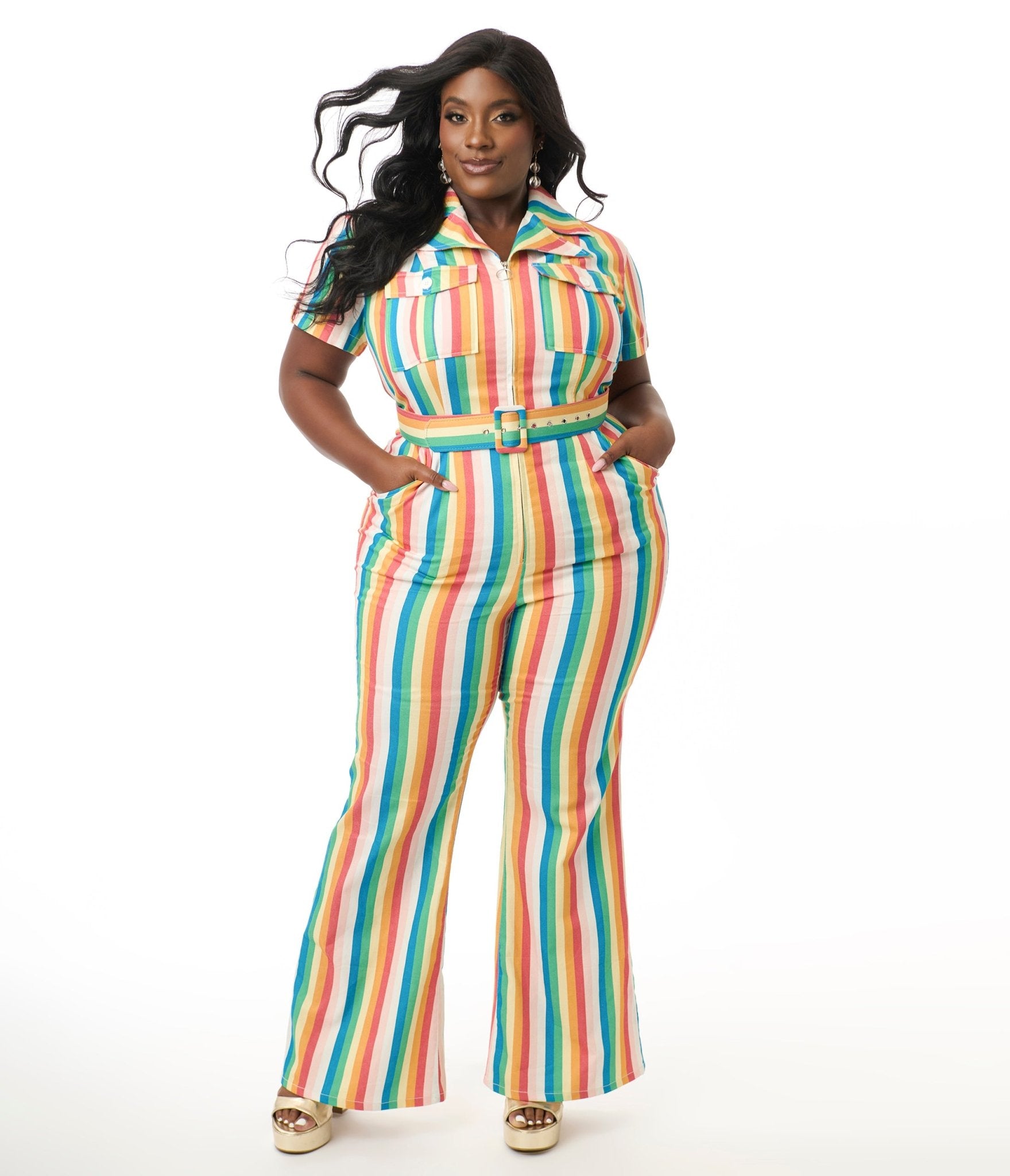Smak Parlour Plus Size Retro Rainbow Stripe Flare Jumpsuit - Unique Vintage - Womens, BOTTOMS, ROMPERS & JUMPSUITS