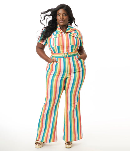 Smak Parlour Plus Size Retro Rainbow Stripe Flare Jumpsuit - Unique Vintage - Womens, BOTTOMS, ROMPERS & JUMPSUITS