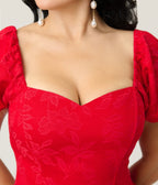 Preorder - Smak Parlour Red Brocade Sweetheart Swing Dress W/Puff Sleeve - Unique Vintage - Womens, DRESSES, SWING