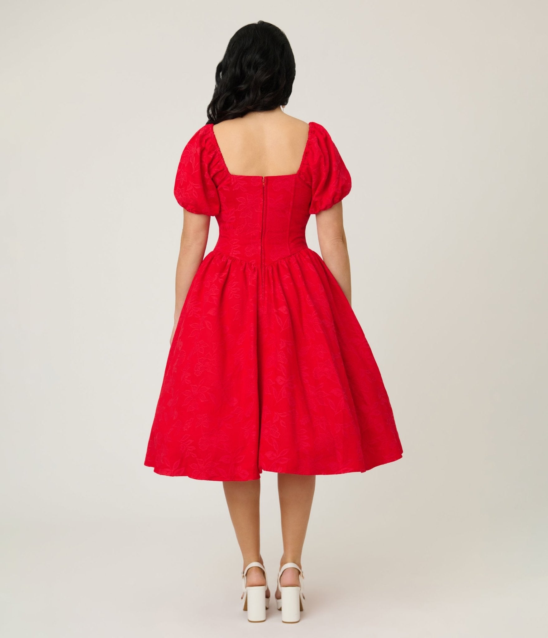 Preorder - Smak Parlour Red Brocade Sweetheart Swing Dress W/Puff Sleeve - Unique Vintage - Womens, DRESSES, SWING