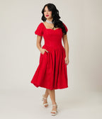 Preorder - Smak Parlour Red Brocade Sweetheart Swing Dress W/Puff Sleeve - Unique Vintage - Womens, DRESSES, SWING