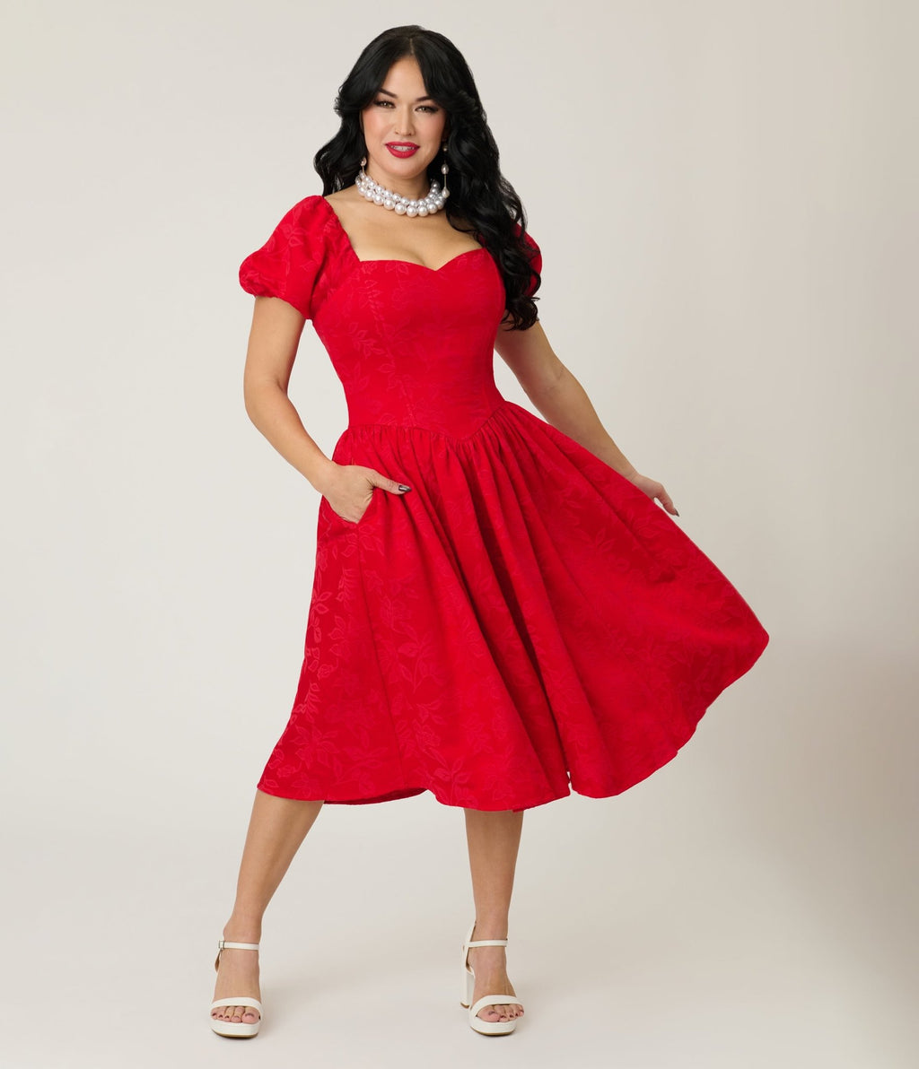 Preorder - Smak Parlour Red Brocade Sweetheart Swing Dress W/Puff Sleeve - Unique Vintage - Womens, DRESSES, SWING