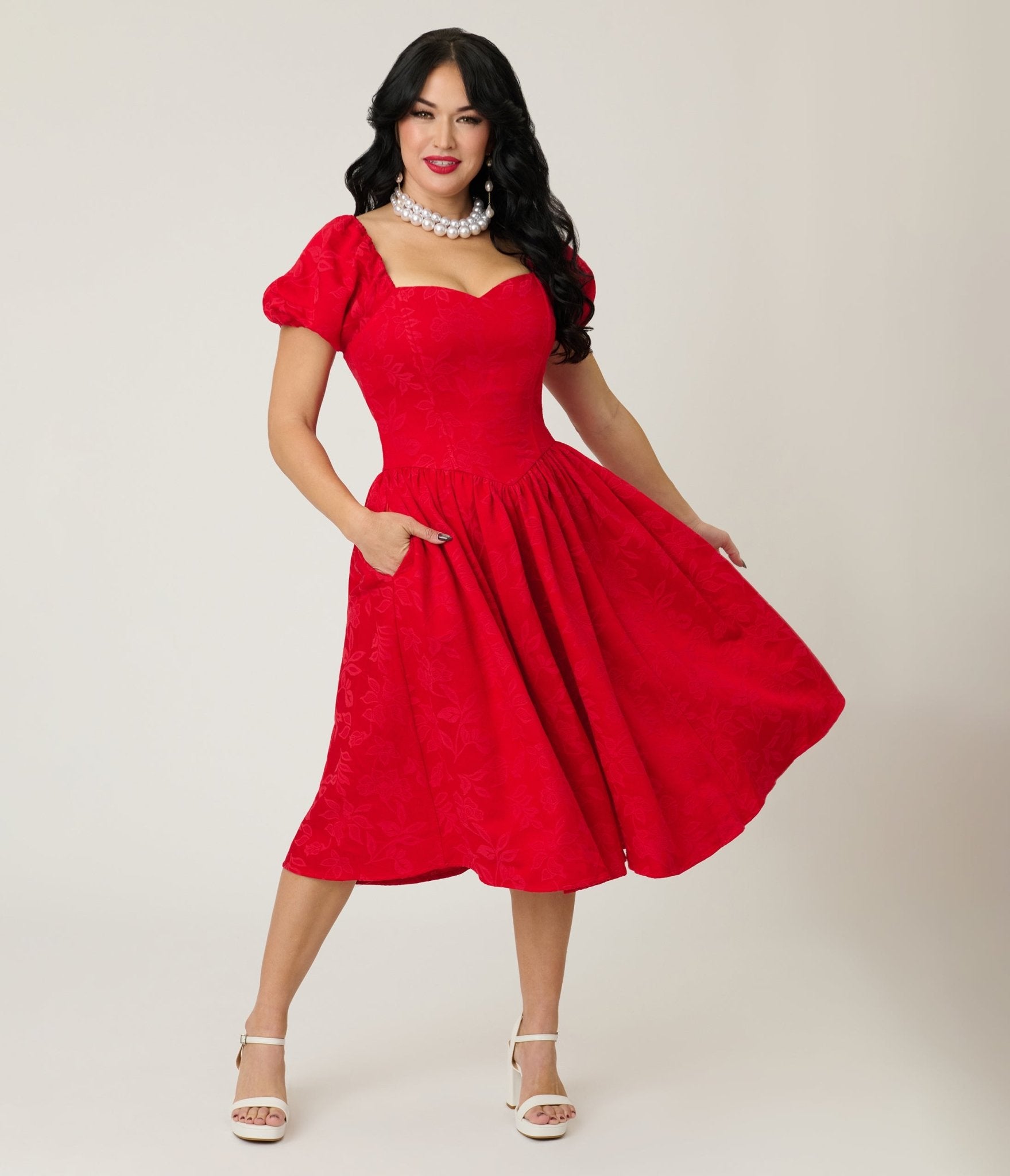 Preorder - Smak Parlour Red Brocade Sweetheart Swing Dress W/Puff Sleeve - Unique Vintage - Womens, DRESSES, SWING