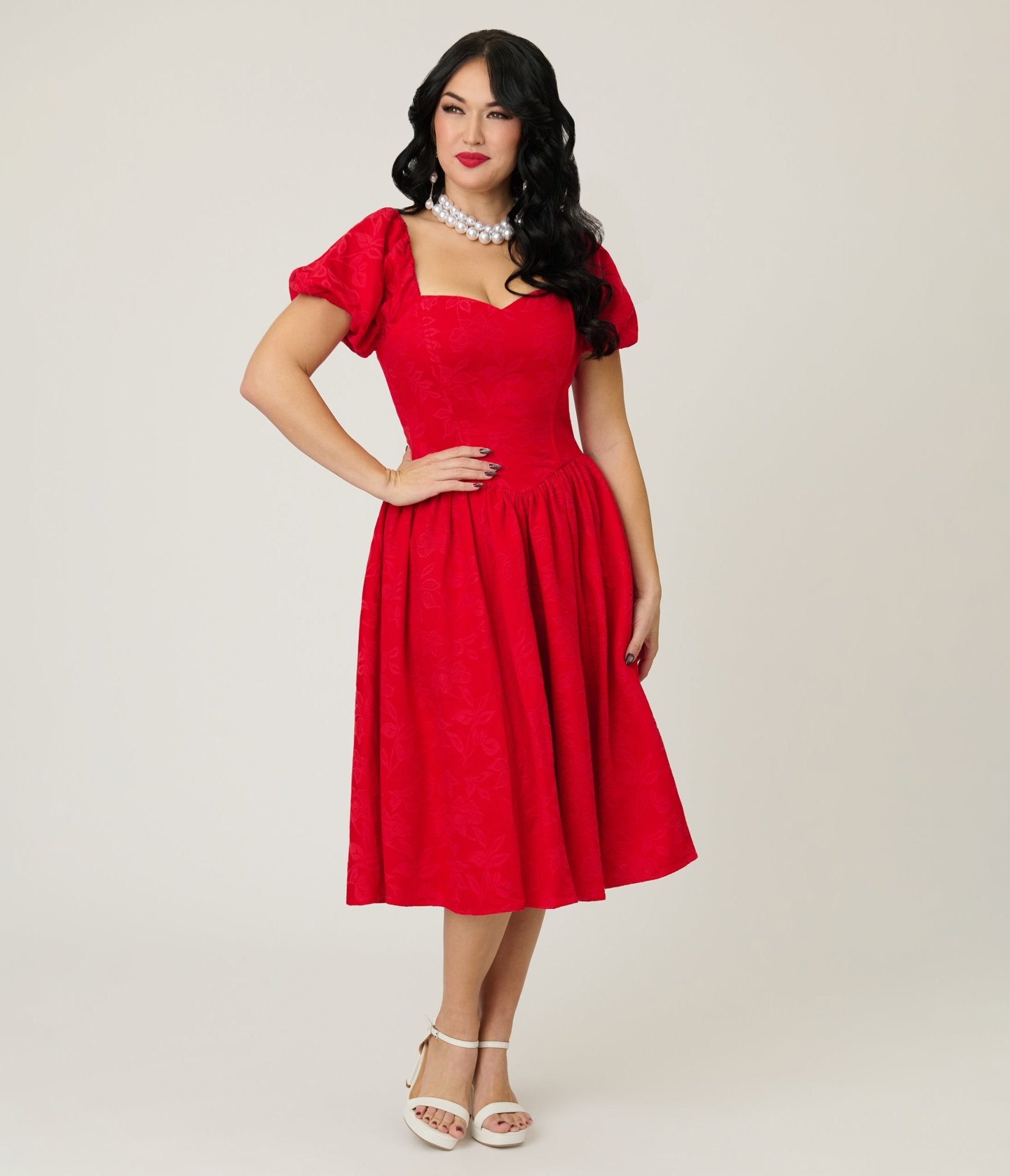Preorder - Smak Parlour Red Brocade Sweetheart Swing Dress W/Puff Sleeve - Unique Vintage - Womens, DRESSES, SWING