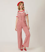Preorder - Smak Parlour Red & White Striped Wide Leg Dungarees - Unique Vintage - Womens, BOTTOMS, ROMPERS AND JUMPSUITS