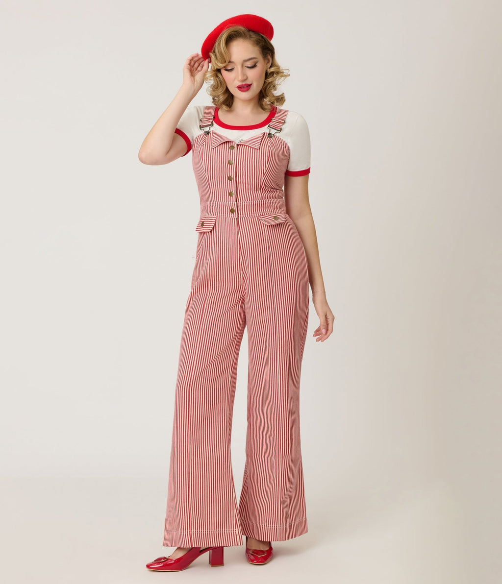 Preorder - Smak Parlour Red & White Striped Wide Leg Dungarees - Unique Vintage - Womens, BOTTOMS, ROMPERS AND JUMPSUITS