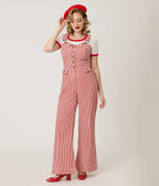 Preorder - Smak Parlour Red & White Striped Wide Leg Dungarees - Unique Vintage - Womens, BOTTOMS, ROMPERS AND JUMPSUITS