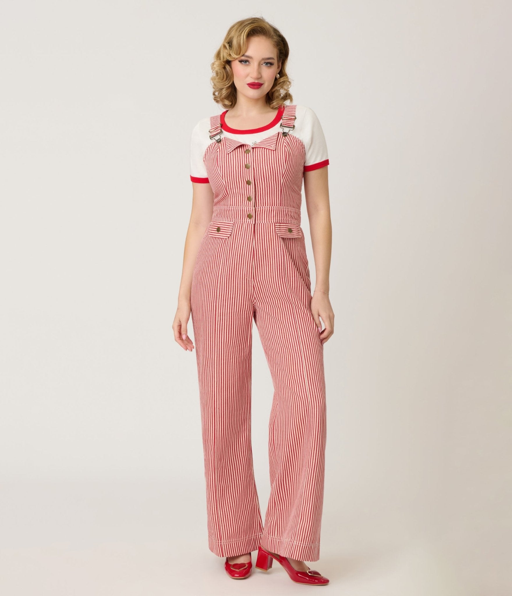 Preorder - Smak Parlour Red & White Striped Wide Leg Dungarees - Unique Vintage - Womens, BOTTOMS, ROMPERS AND JUMPSUITS