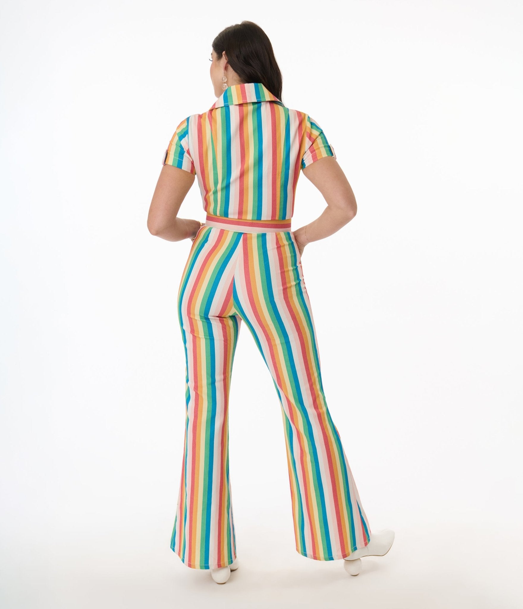 Preorder - Smak Parlour Retro Rainbow Stripe Flare Jumpsuit - Unique Vintage - Womens, BOTTOMS, ROMPERS AND JUMPSUITS