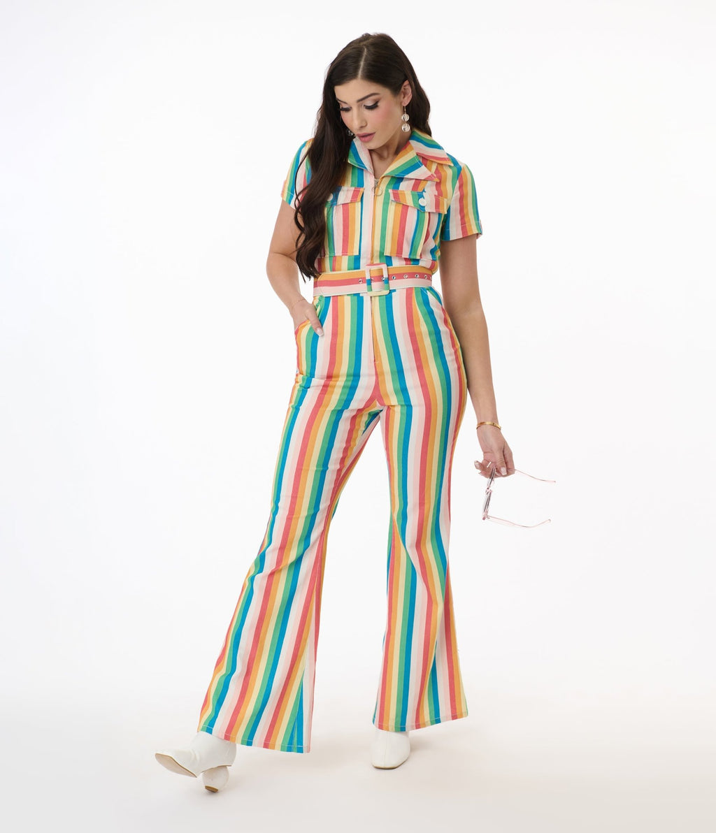 Preorder - Smak Parlour Retro Rainbow Stripe Flare Jumpsuit - Unique Vintage - Womens, BOTTOMS, ROMPERS AND JUMPSUITS