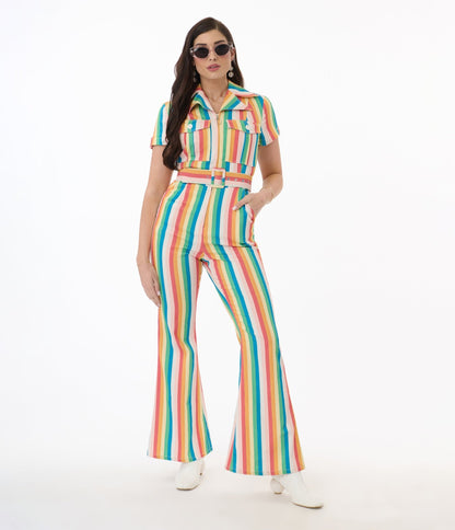 Preorder - Smak Parlour Retro Rainbow Stripe Flare Jumpsuit - Unique Vintage - Womens, BOTTOMS, ROMPERS AND JUMPSUITS