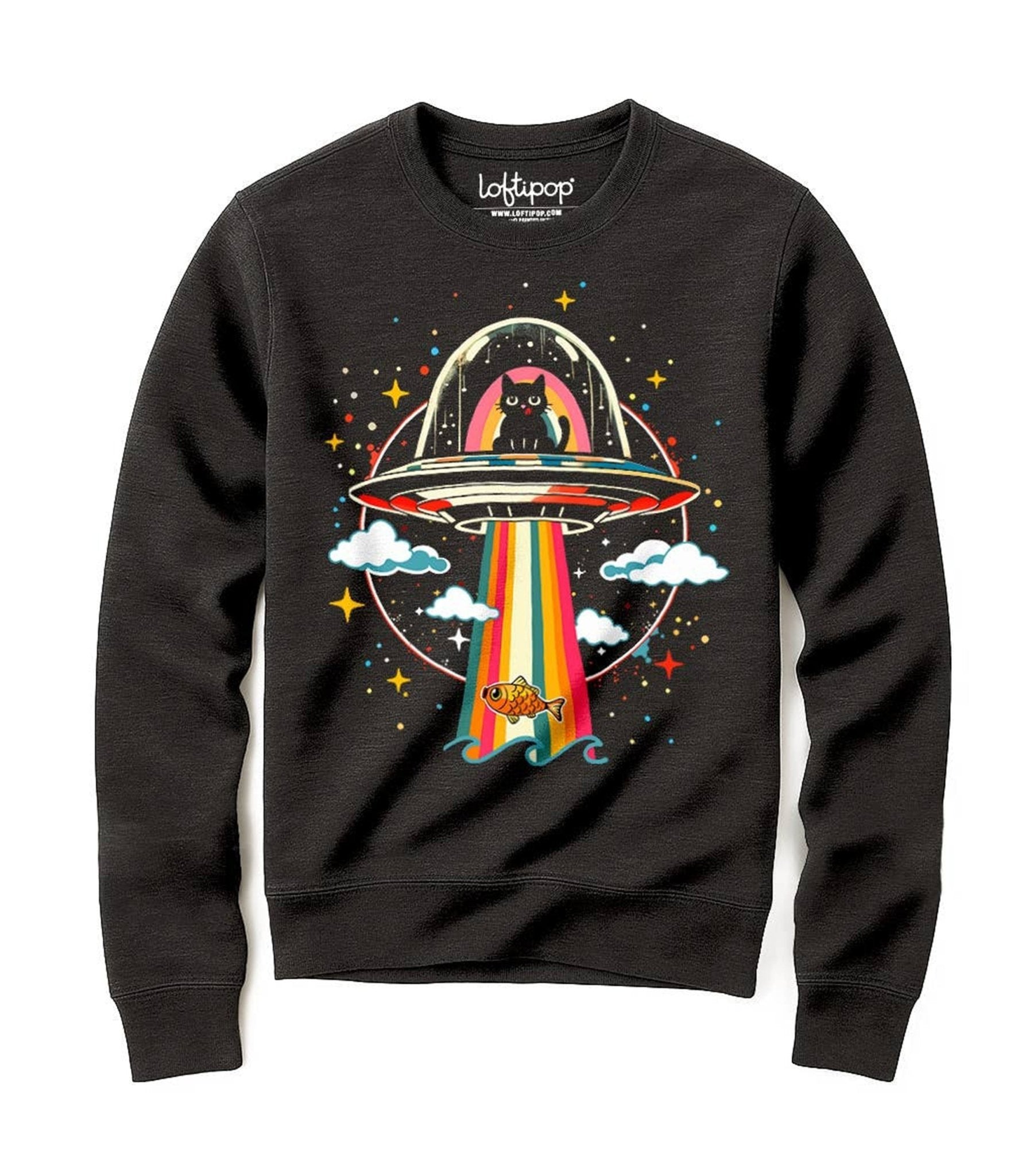 Preorder - Space Cat UFO Unisex Graphic Sweatshirt - Unique Vintage - Womens, GRAPHIC TEES, SWEATSHIRTS