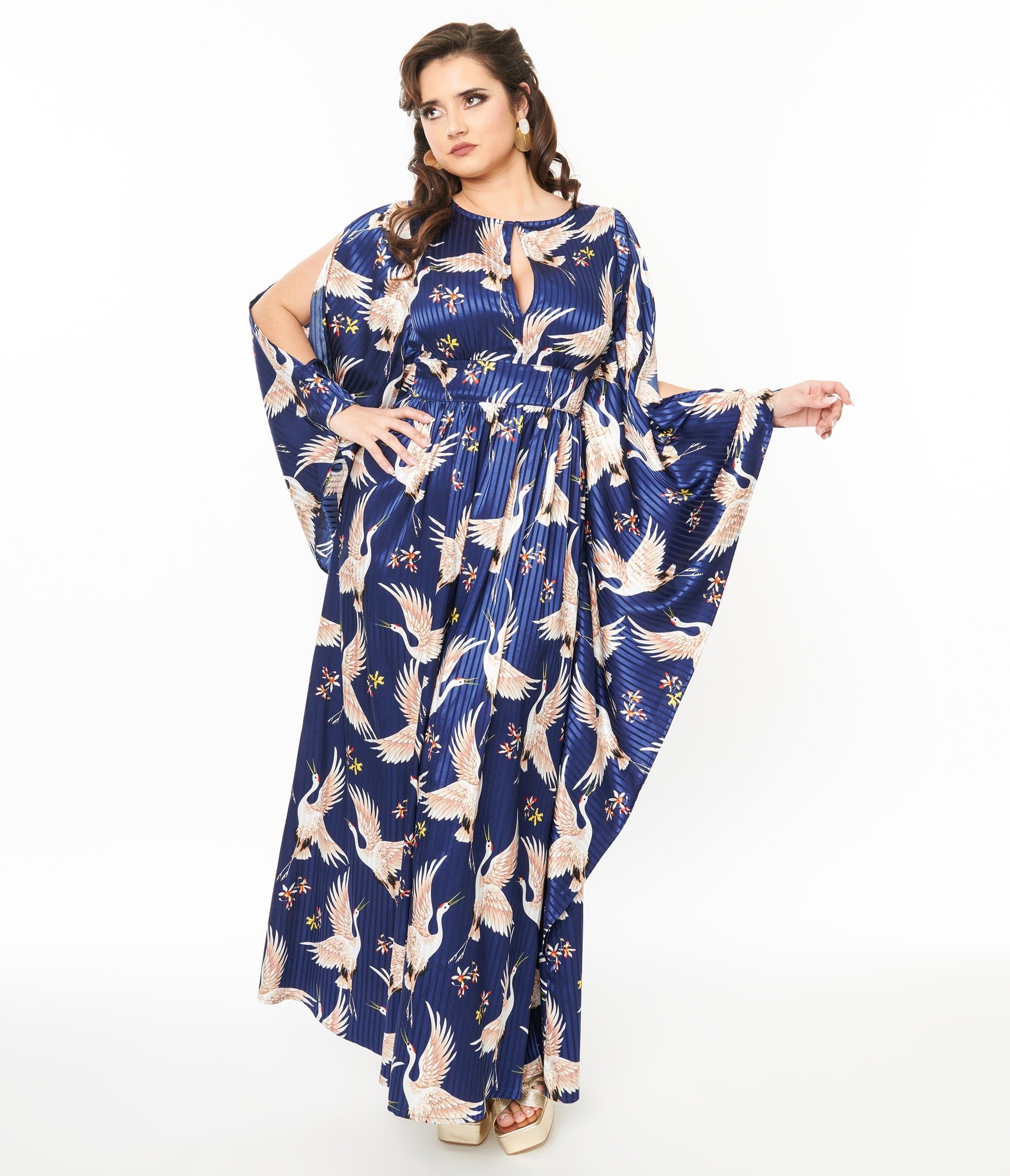 Preorder - Unique Vintage 1960s Navy Crane Flutter Sleeve Caftan - Unique Vintage - Womens, DRESSES, MAXI