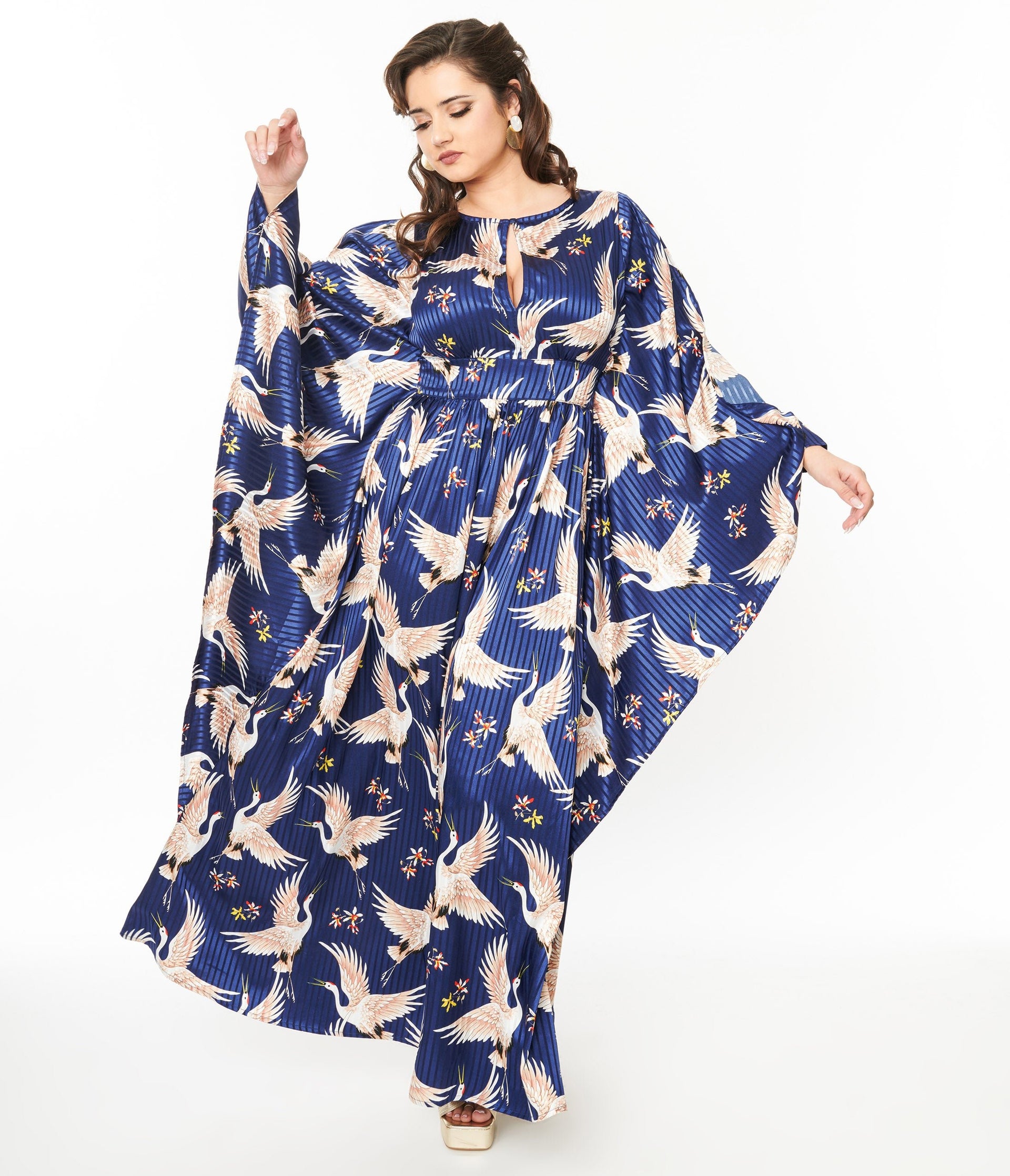 Preorder - Unique Vintage 1960s Navy Crane Flutter Sleeve Caftan - Unique Vintage - Womens, DRESSES, MAXI