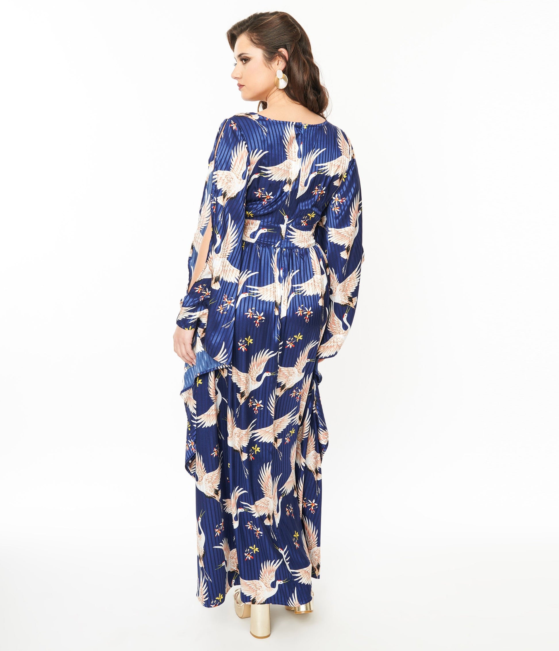 Preorder - Unique Vintage 1960s Navy Crane Flutter Sleeve Caftan - Unique Vintage - Womens, DRESSES, MAXI