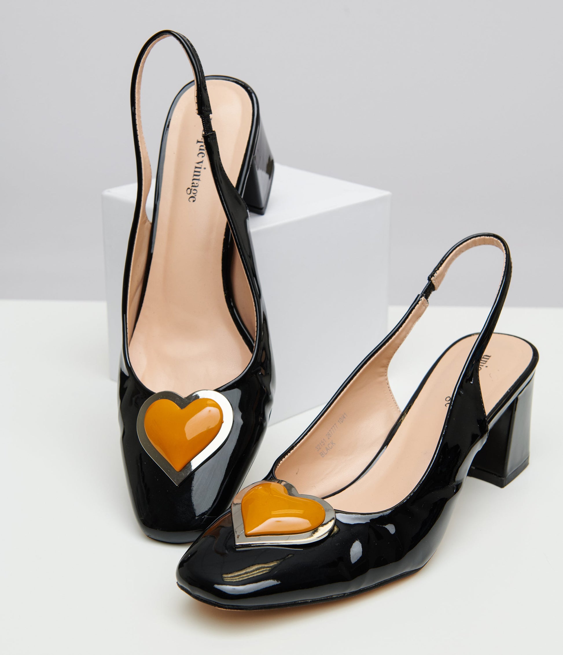 Preorder - Unique Vintage Black & Orange Heart Leatherette Slingback Heels - Unique Vintage - Womens, SHOES, HEELS
