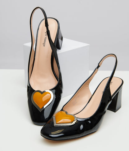 Preorder - Unique Vintage Black & Orange Heart Leatherette Slingback Heels - Unique Vintage - Womens, SHOES, HEELS