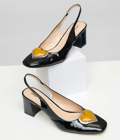 Preorder - Unique Vintage Black & Orange Heart Leatherette Slingback Heels - Unique Vintage - Womens, SHOES, HEELS