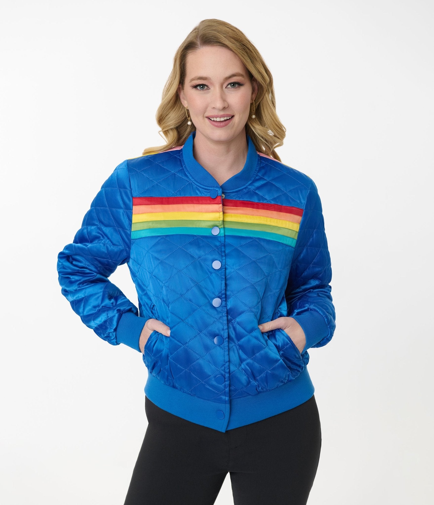 Preorder - Unique Vintage Blue & Rainbow Quilted Varsity Jacket - Unique Vintage - Womens, TOPS, OUTERWEAR