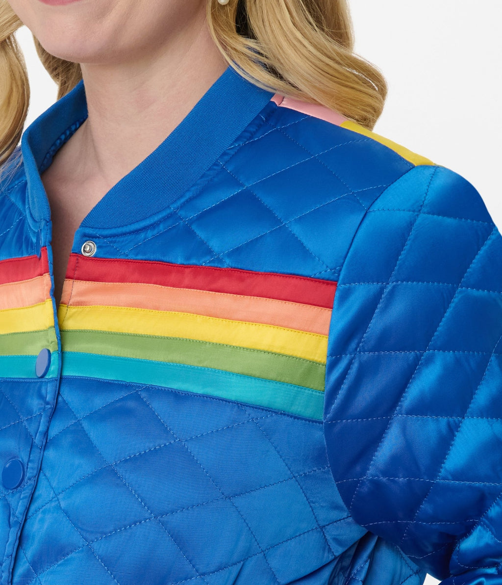 Preorder - Unique Vintage Blue & Rainbow Quilted Varsity Jacket - Unique Vintage - Womens, TOPS, OUTERWEAR